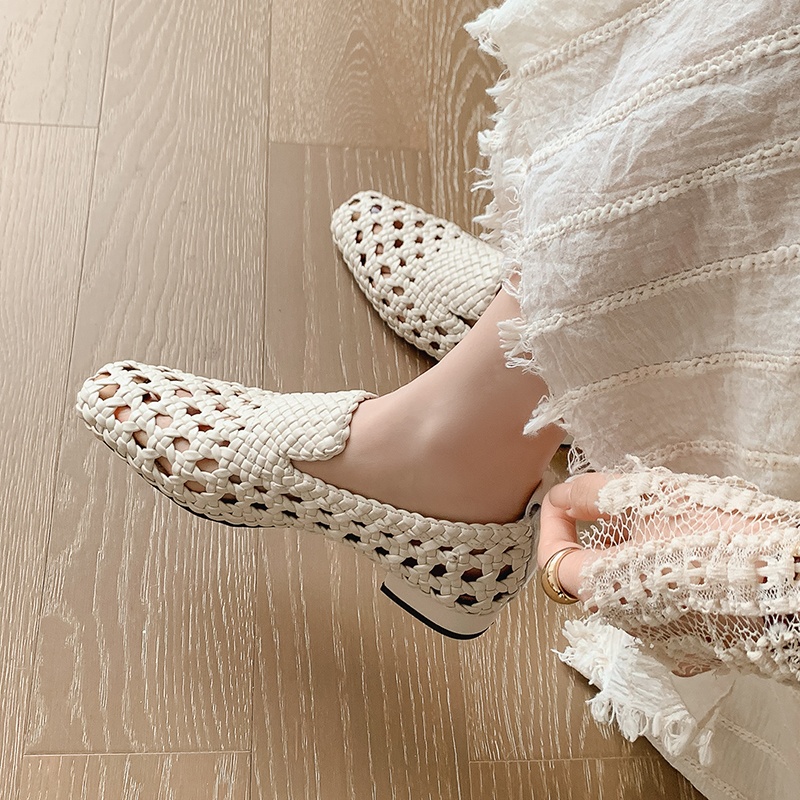 Heels - 2026 ファッションホット販売本革編み込みサンダル女性ローヒール通気性夏ローファーサンダル女性レジャーパンプス